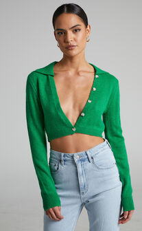 Clarisse Collared Crop Cardigan in Green