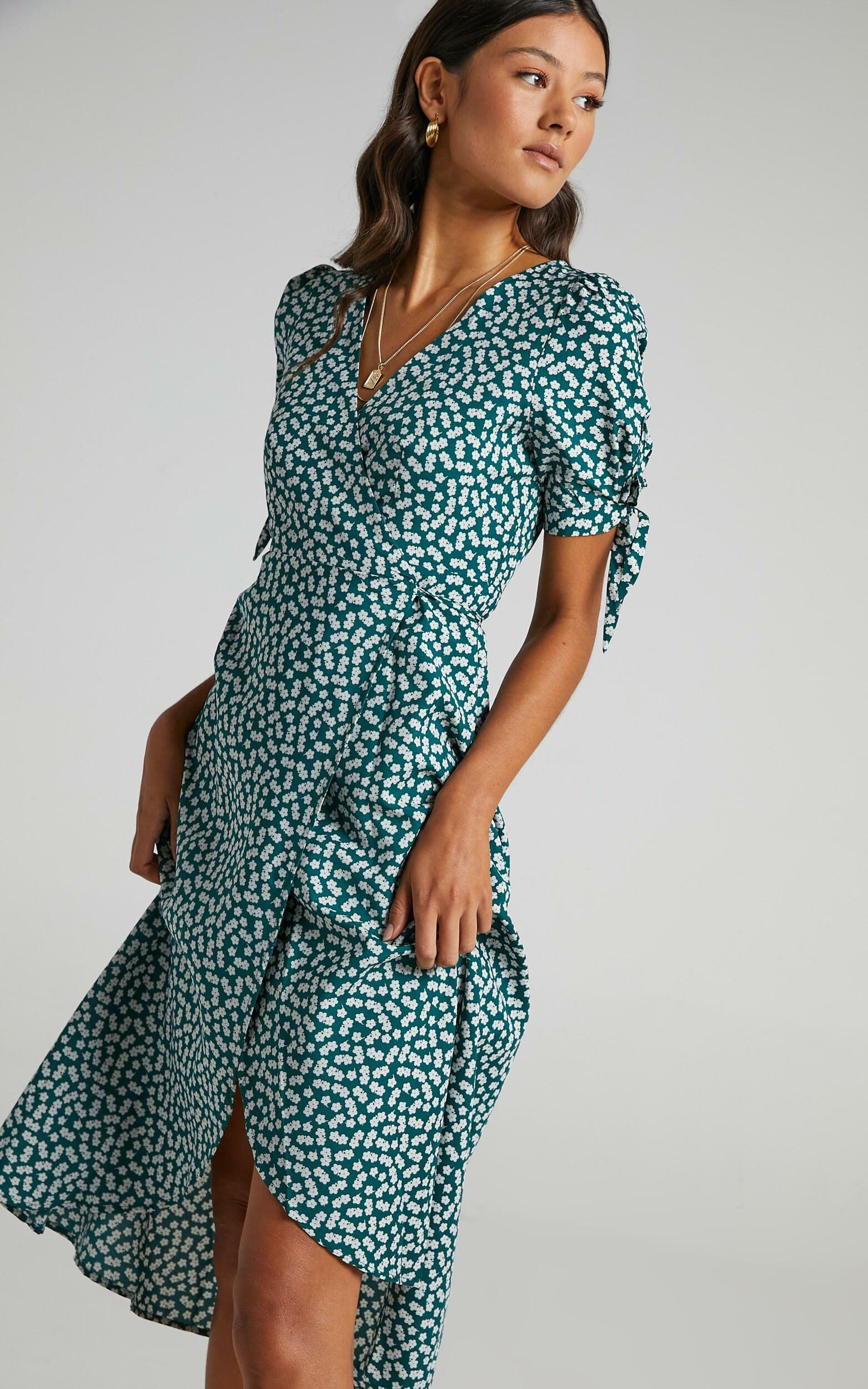 Dont Dream Its Over Wrap Midi Dress in Emerald Floral - 04, GRN1, super-hi-res image number null