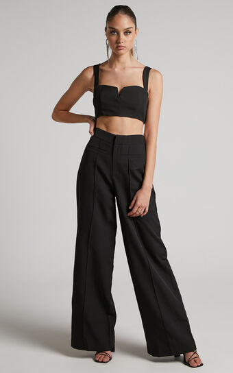 Maida V-Front Crop Top and Wide Leg Pants Two Piece Set in Black