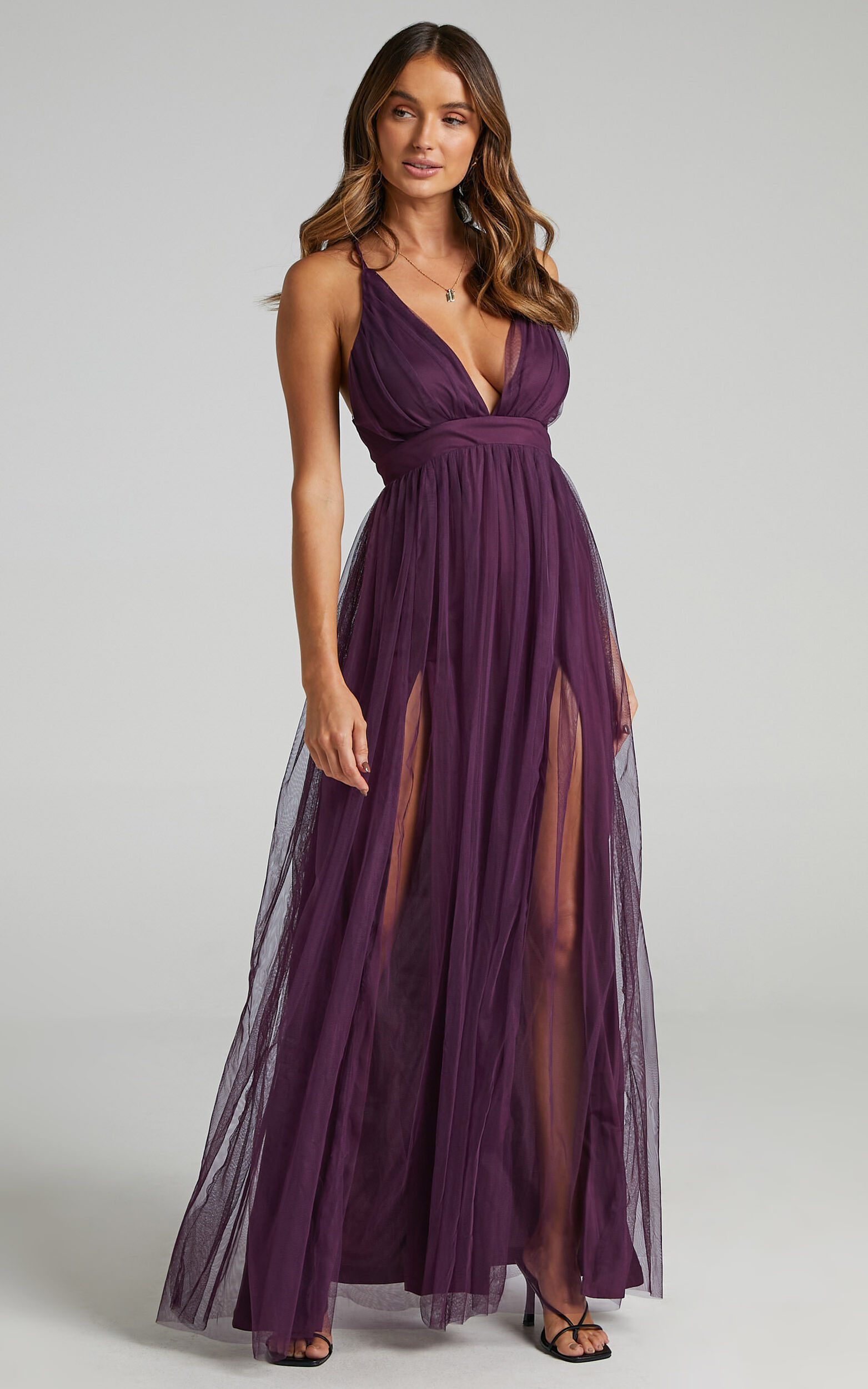Like A Vision Midaxi Dress - Plunge Thigh Split Dress in Aubergine Tulle - 04, PRP4