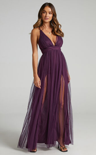 Like A Vision Midaxi Dress - Plunge Thigh Split Dress in Aubergine Tulle