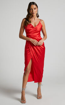 Abia Midi Dress - V Neck Thigh Split Satin Dress in Red