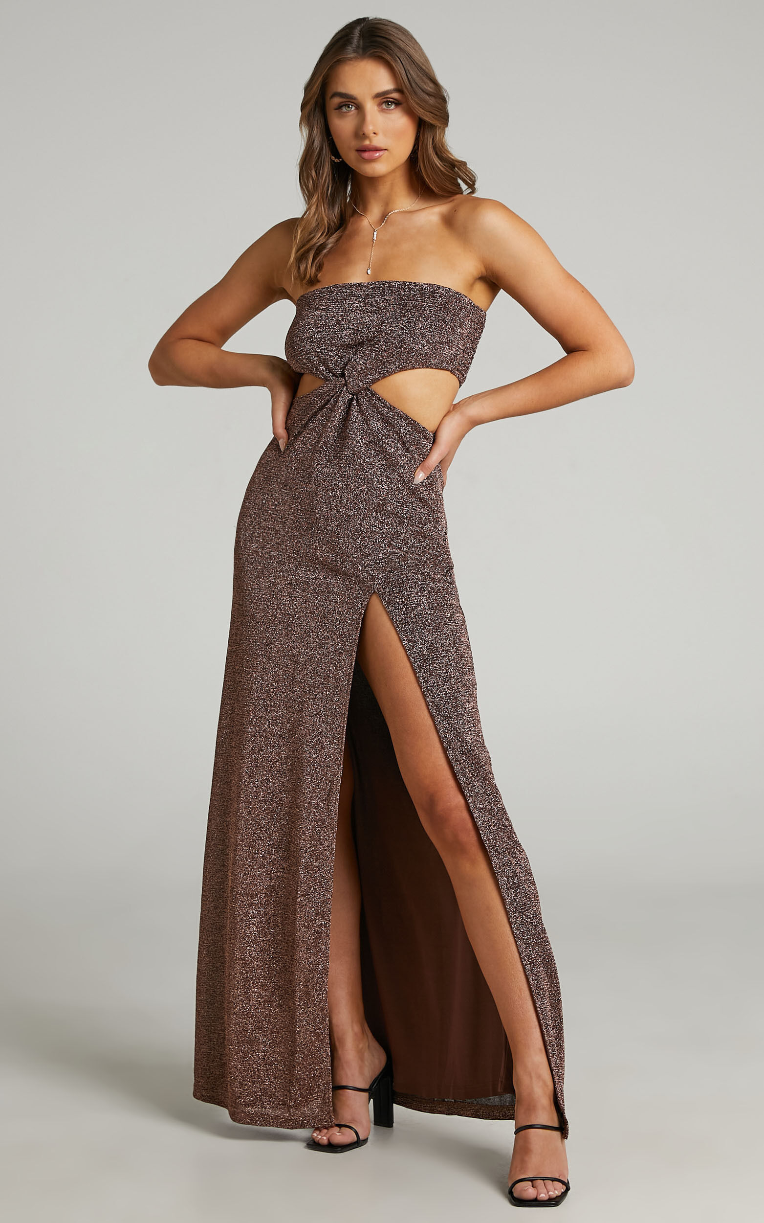 Ariane Cut Out Strapless Maxi Dress with Leg Split in Copper - 04, GLD1, super-hi-res image number null