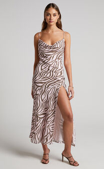 Aegir Midi Dress - High Split Cowl Slip Dress in Wild Zebra