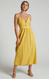Roskana Midi Dress - Plunge Fit and Flare Dress in Mustard | Showpo USA