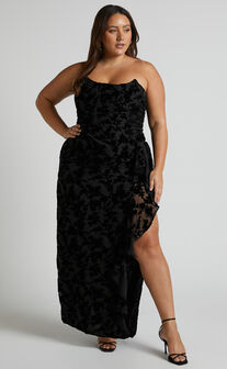 Arisa strapless velvet burnout ruffle maxi dress in Black