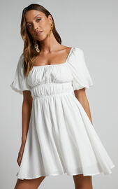 Maretta Mini Dress - Stretch Waist Square Neck Dress in White | Showpo USA