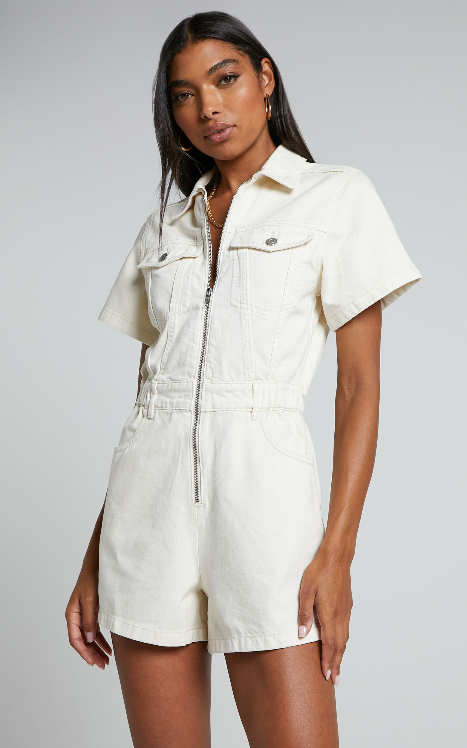 Mauriel Playsuit - Recycled Cotton Utility Playsuit in Ecru - 06, WHT1