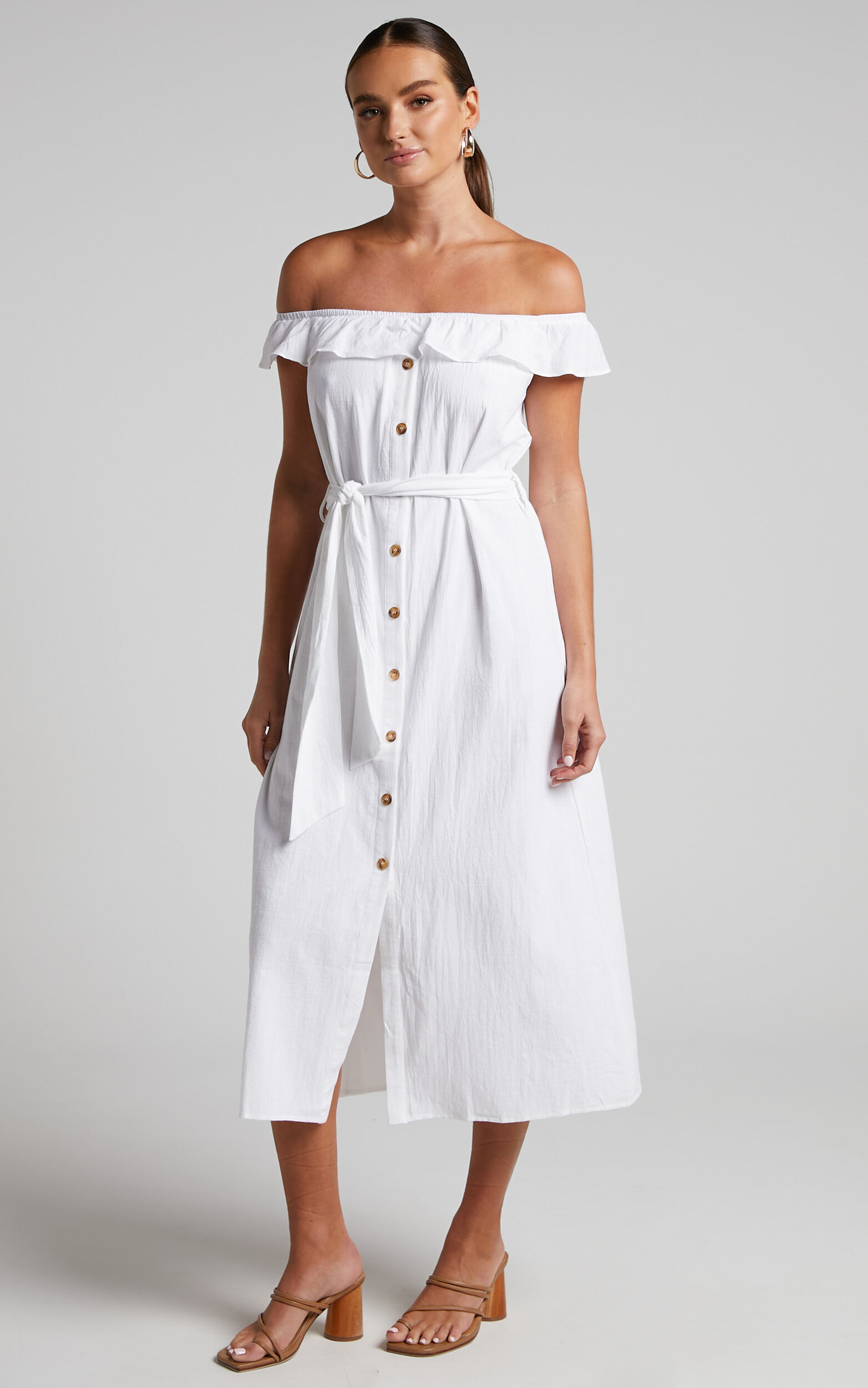 Anka Midi Dress - Off Shoulder Tie Waist Button Down Dress in White ...