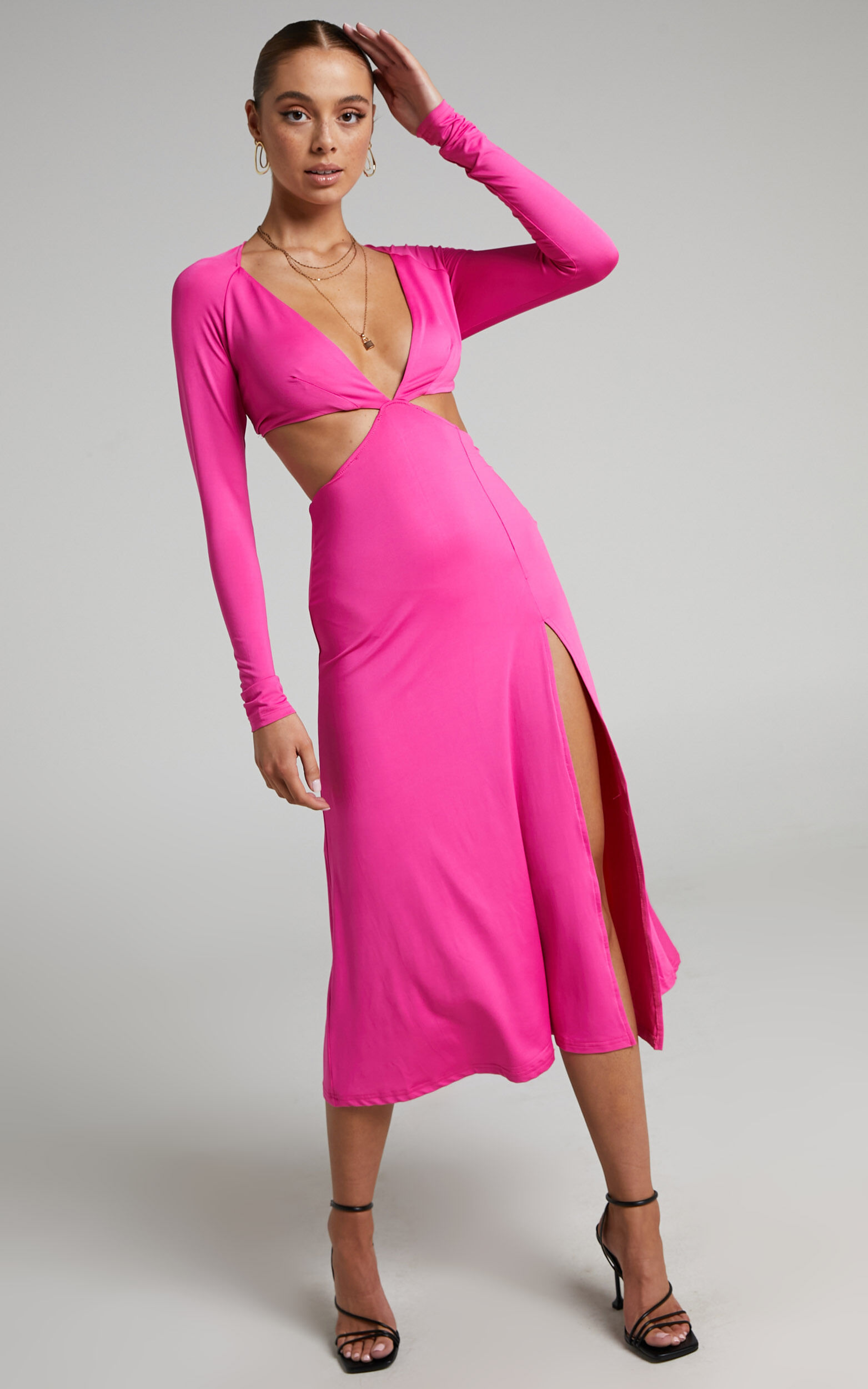 Arleine Front Cut Out Tie Back Long Sleeve Midi Dress in Pink - 06, PNK1