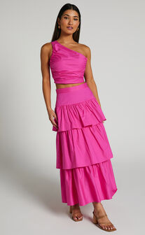 Kaycie Two Piece Set - One Shoulder Asymmetrical Ruched Top and Tiered Midaxi Skirt Set in Pink