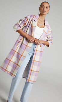 Mariam Double Breasted Coat in Purple Check