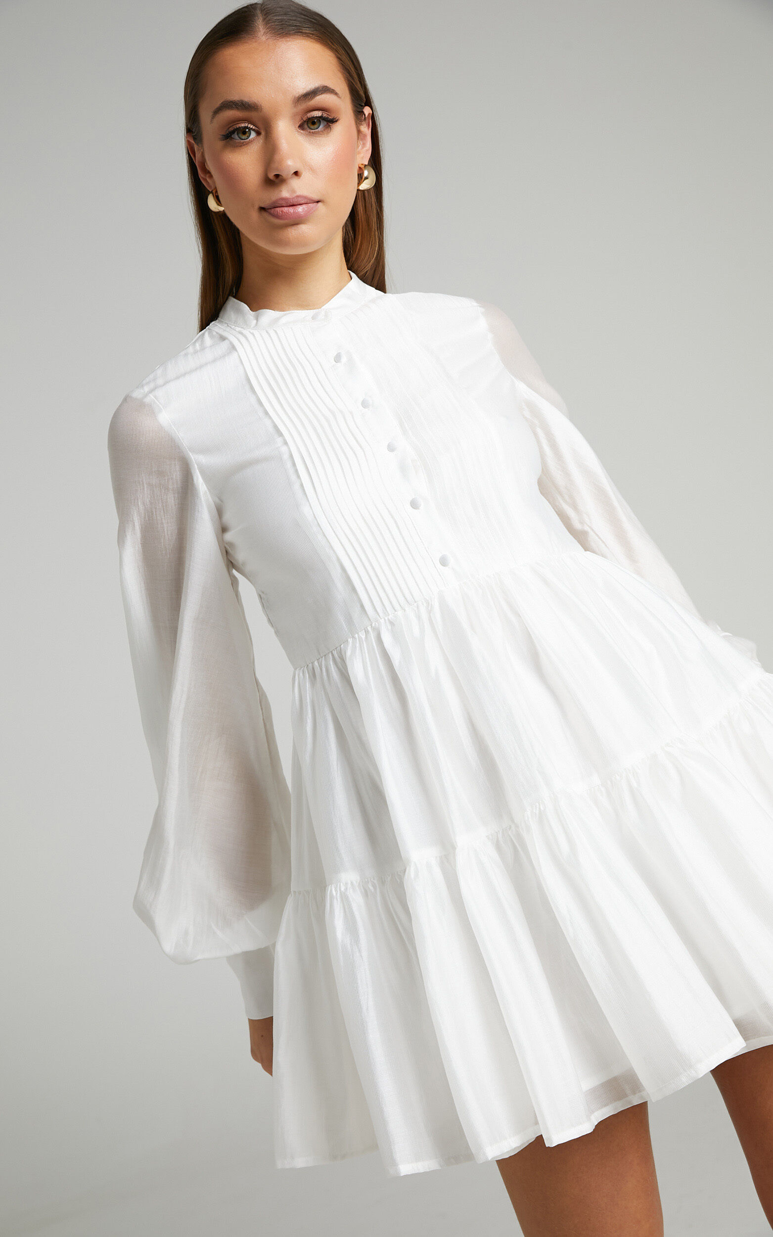 Kyra Pin Tuck Detail Tiered Shift Dress in Off White - 06, WHT3, super-hi-res image number null