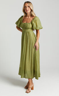 Roshina Midi Dress - Straight Neck Puff Sleeve Dress in Olive