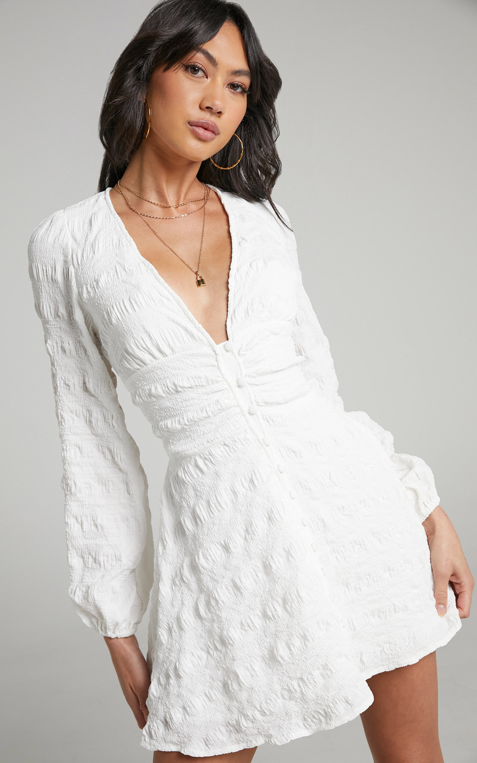 Sanaa Long Sleeve Open Back Mini Dress in White - 04, WHT1, super-hi-res image number null
