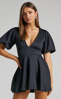 Margerie Puff Sleeve Fit and Flare Mini Dress in Black
