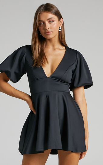 Margerie Mini Dress - Puff Sleeve Fit and Flare Dress in Black