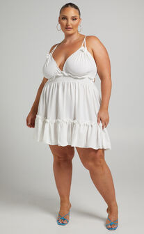 Megan V Neck Tie Back Mini Dress in White