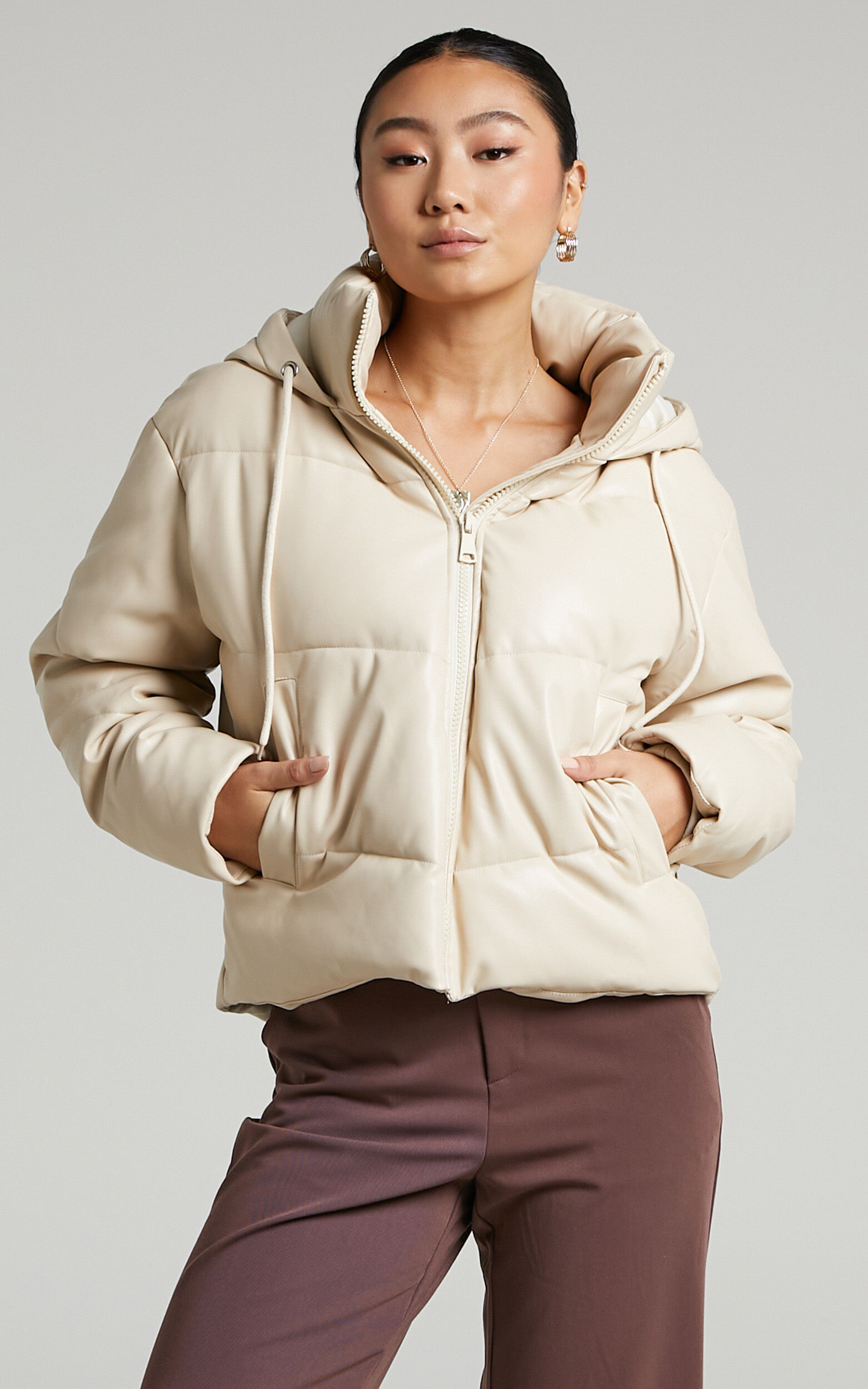 Lizzee Hooded Faux Leather Puffer Jacket in Beige - 06, BRN1, super-hi-res image number null