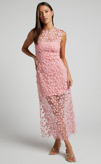 Hazel 3D Flower Net Bodycon Midi Dress in Pink