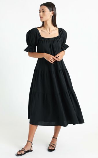Zaharrah Tiered Midi Dress in Black Linen Look