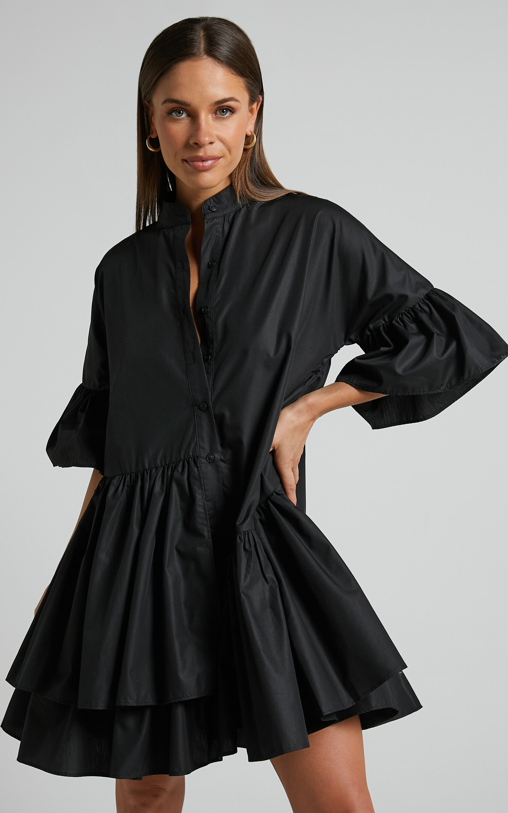 Elowen Mini Dress - Button Up Asymmetrical Tiered Smock Dress in Black - 06, BLK1, super-hi-res image number null