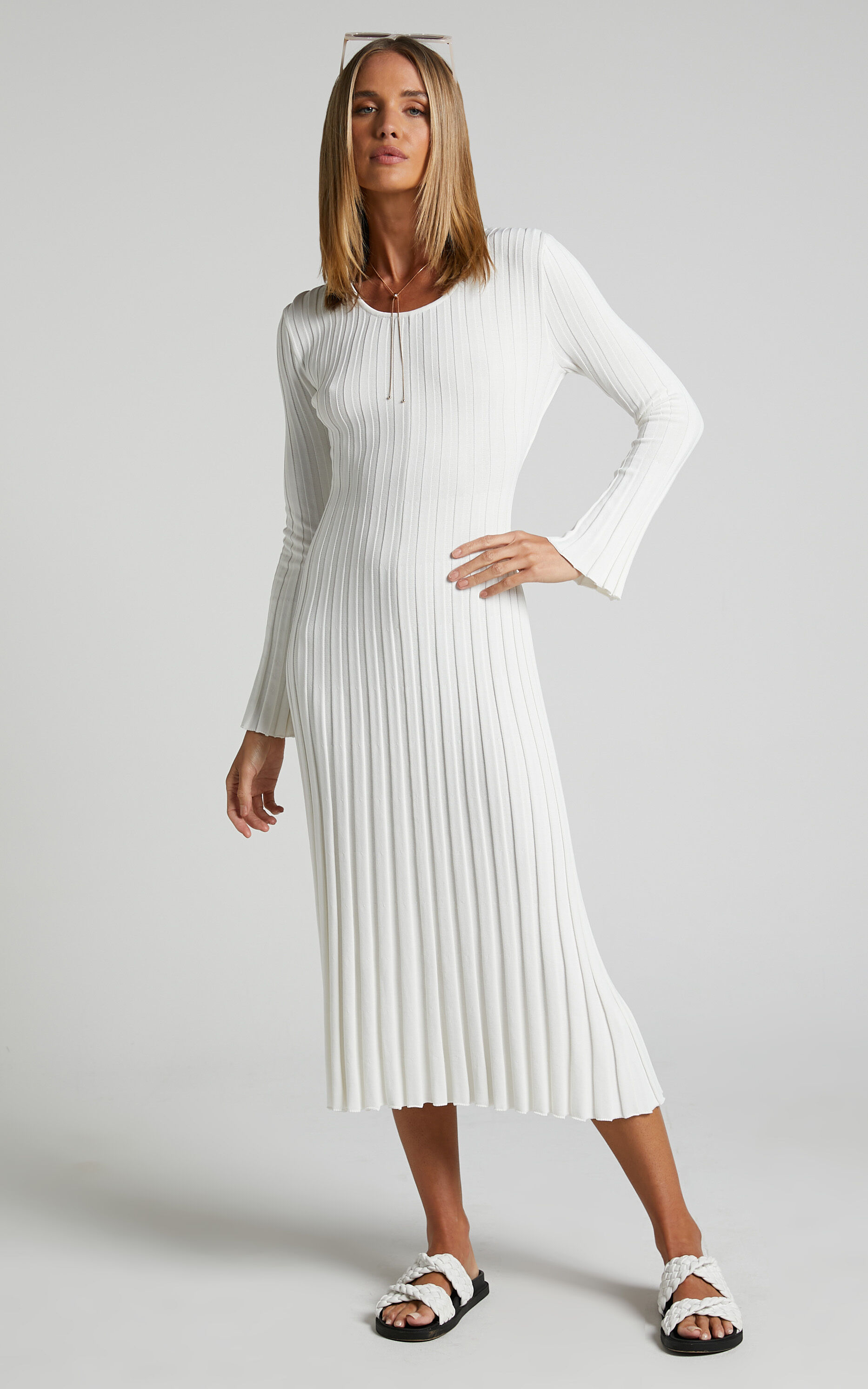 Blaire Long Sleeve Knit Flare Midi Dress in Ivory - 06, WHT1, super-hi-res image number null