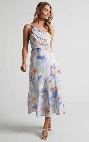 Alyssia Midi Dress - One Shoulder Ruched Satin Dress in Blue Floral