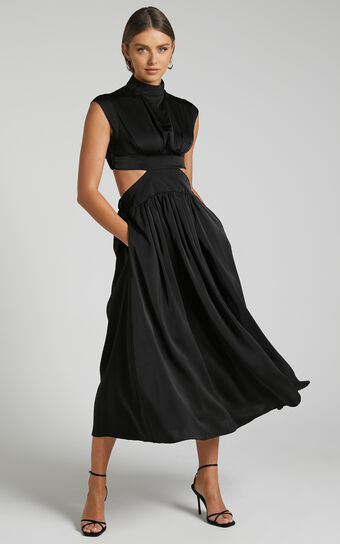 Natalyah Midi Dress - Mock Neck Cut Out Gathered Dress in Black
