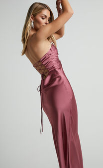 Madelynn Midaxi Dress - Twist Front Satin Dress in Plum