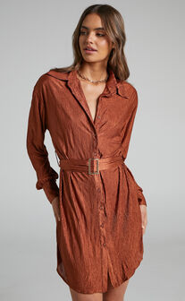 Rosamund Mini Dress - Belted Button Up Crinkle Shirt Dress in Clay