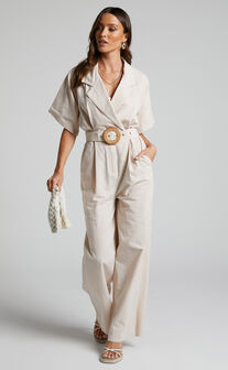 Paco Jumpsuit - Short Sleeve Collared Belted Wide Leg Jumpsuit in Biscuit