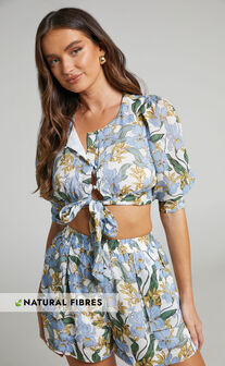 Amalie The Label - Romillia Button Front Puff Sleeve Crop Top in Iris Floral