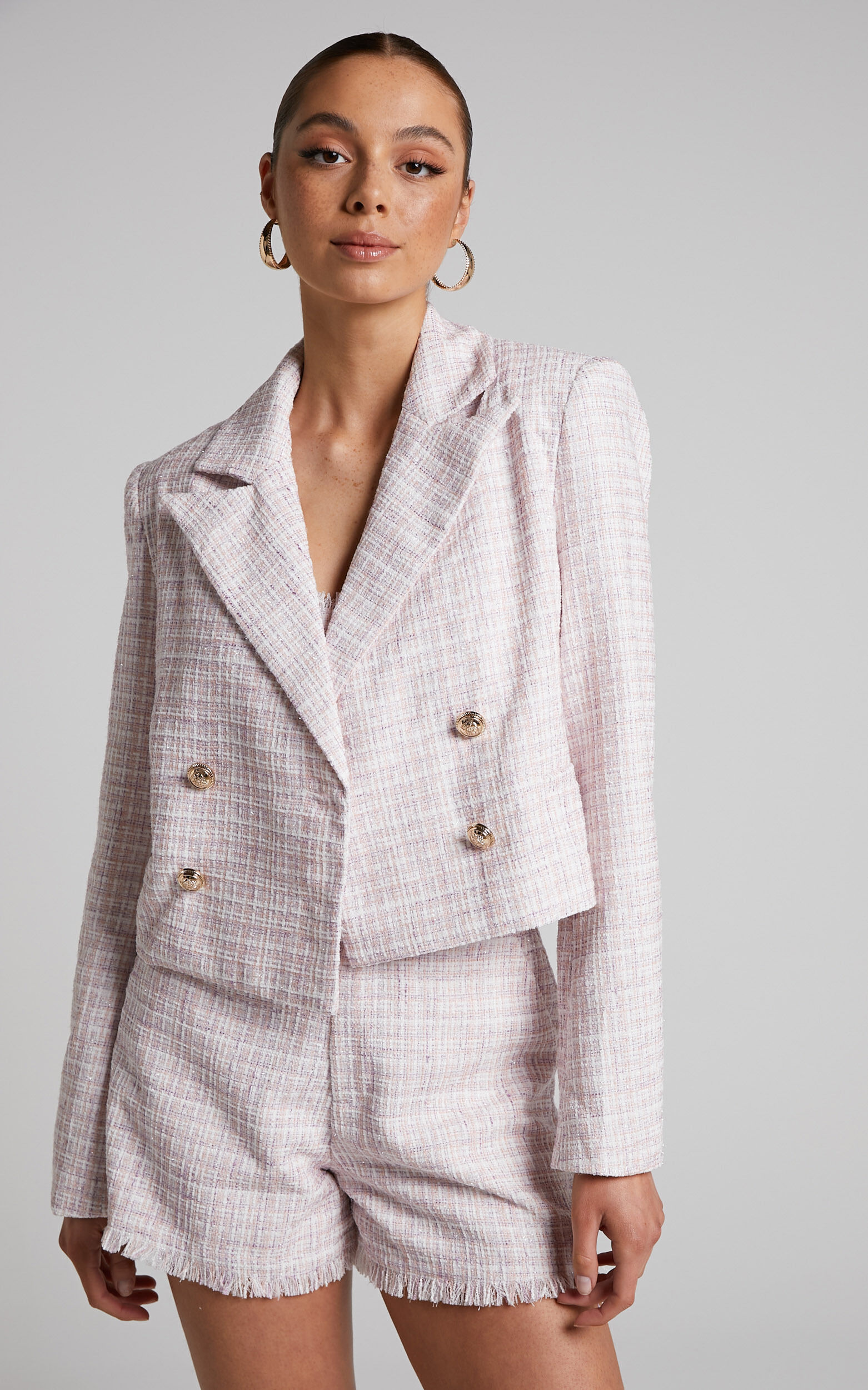Tomiko Blazer - Cropped Boucle Tweed Blazer in Light Pink - 06, PNK1, super-hi-res image number null