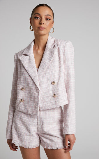 Tomiko Blazer - Cropped Boucle Tweed Blazer in Light Pink