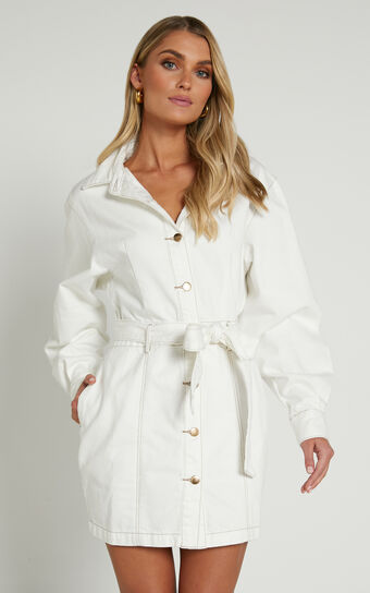 Desi Mini Dress - Long Sleeve Collared Button Through Denim Dress in Off White