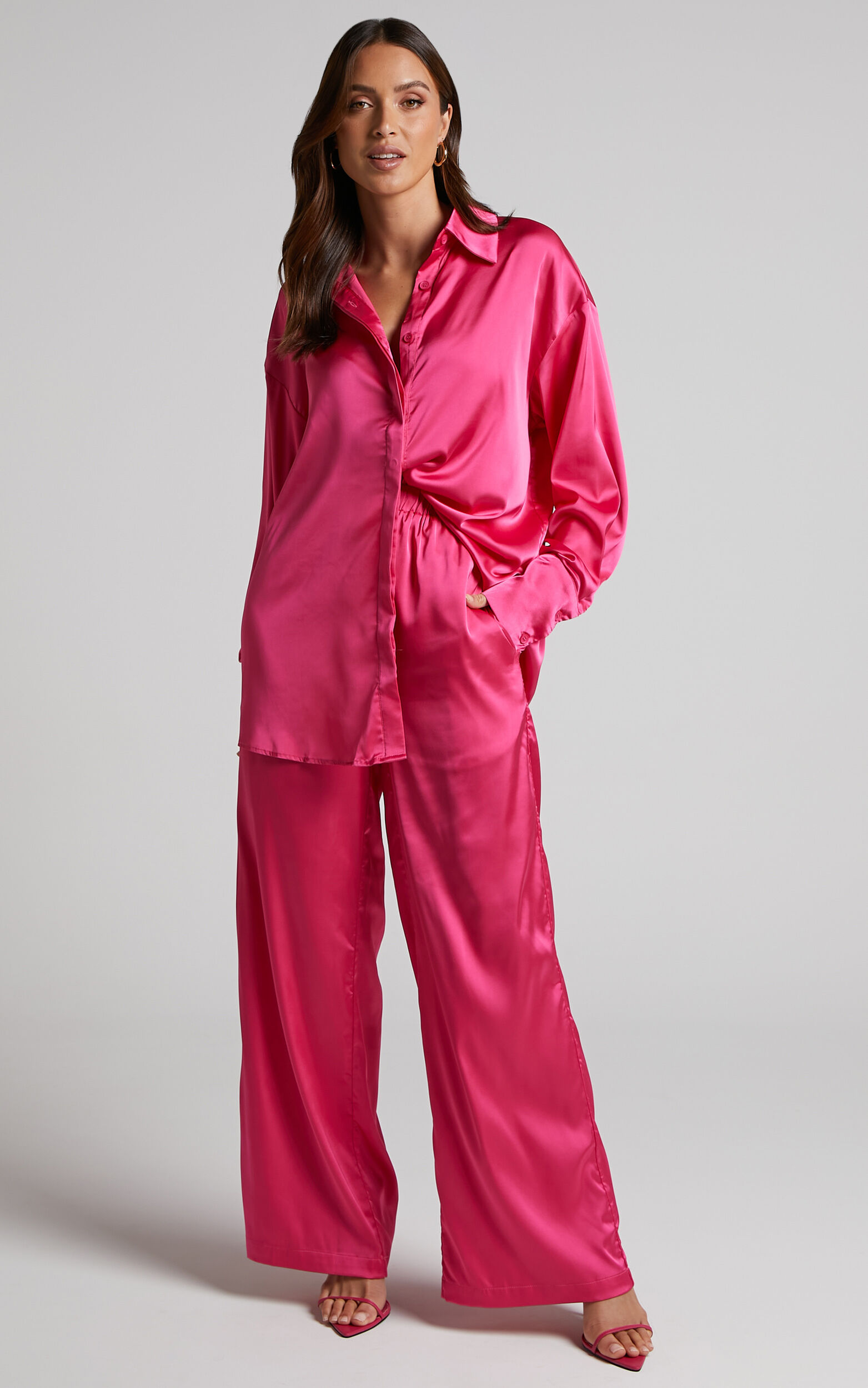 Trianna Two Piece Set - Oversized Satin Shirt and Wide Leg Pants in Pink - 04, PNK1