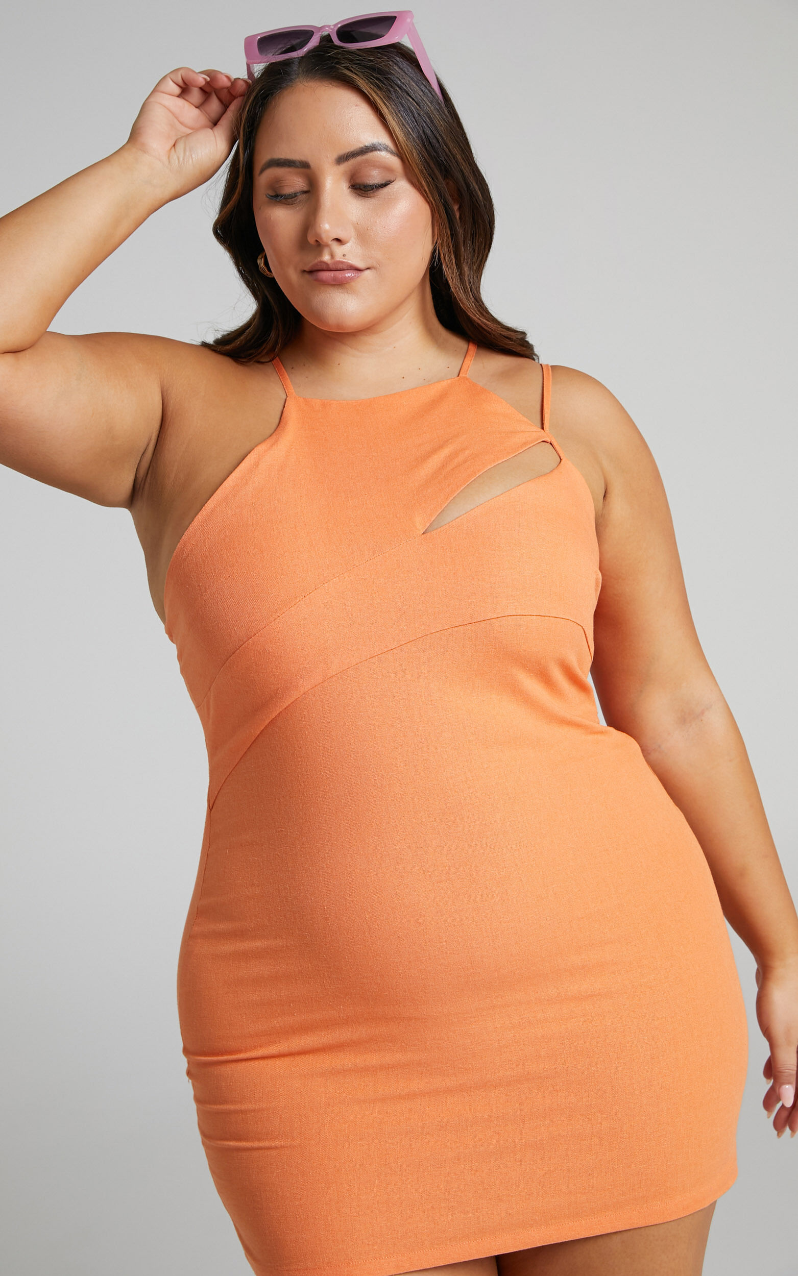 Patchico Split Bust Bodycon Mini Dress in Orange Linen Look - 08, ORG1, super-hi-res image number null