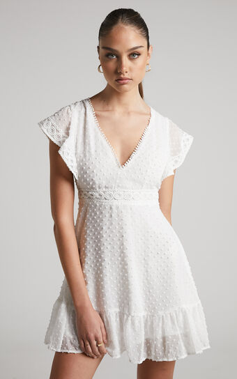 Once Upon A Daydream Mini Dress - V Neck Lace Trim Dress in White