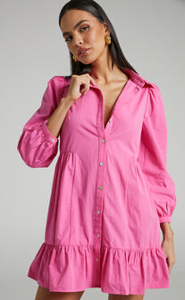 Maulee Frill Hem Mini Shirt Dress in Pink