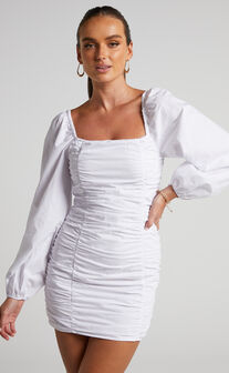 Verne Mini Dress - Ruched Front Long Sleeve Dress in White