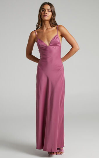 Cariela Plunge Neck Satin Maxi Dress in Orchid