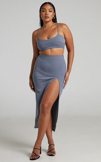 Grayson Crop Top and Split Front Midi Skirt Two Piece Set in Steel Blue