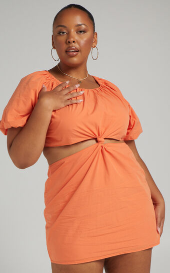 Hyacinth Puff Sleeve Mini Dress with Twist Front in Orange