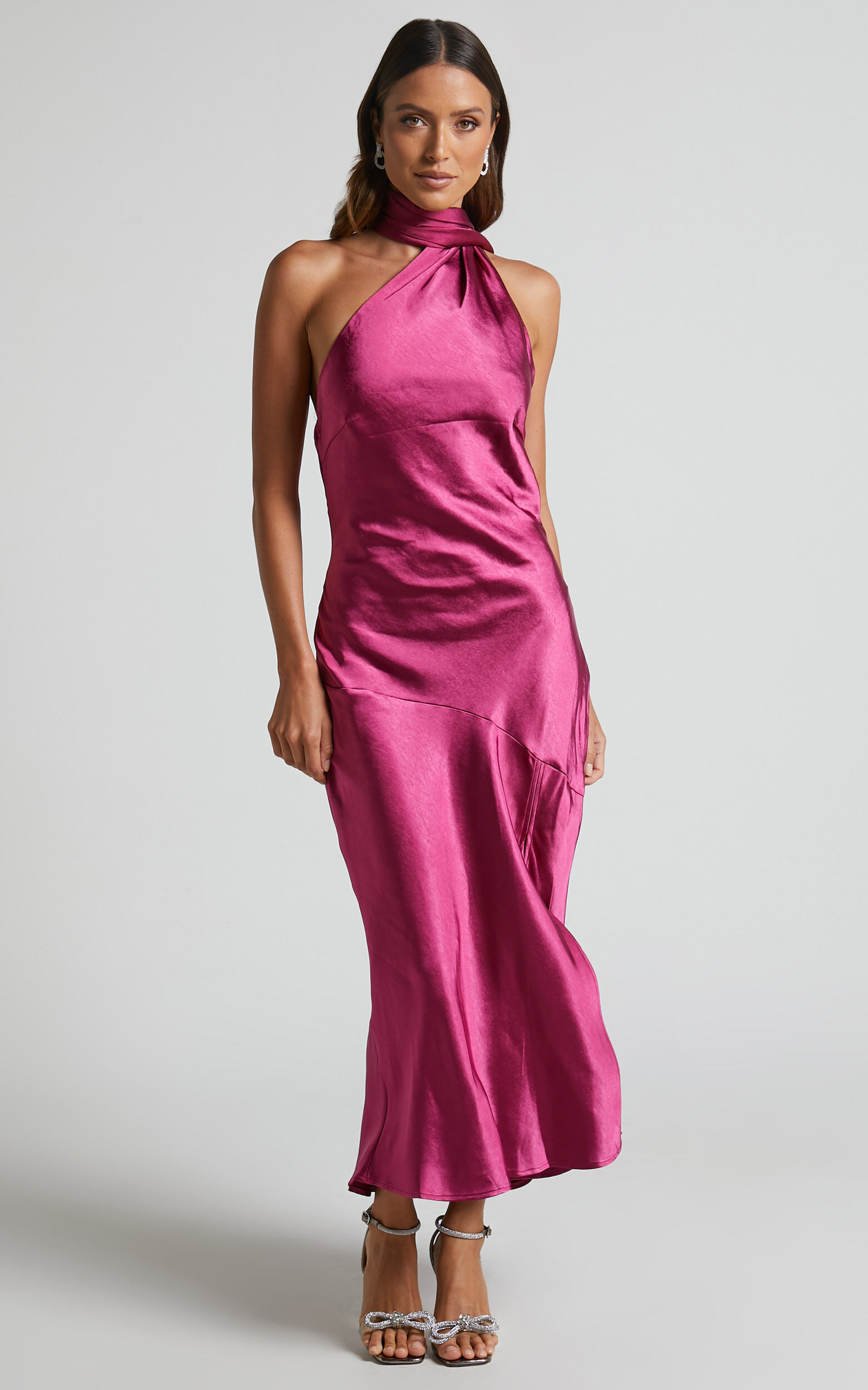 Evana High Asymmetrical Neck Satin Slip Midi Dress in FUSCHIA - 06, PNK1, super-hi-res image number null