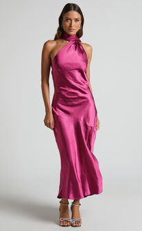 Evana Midaxi Dress - High Asymmetrical Neck Satin Slip Dress in FUSCHIA