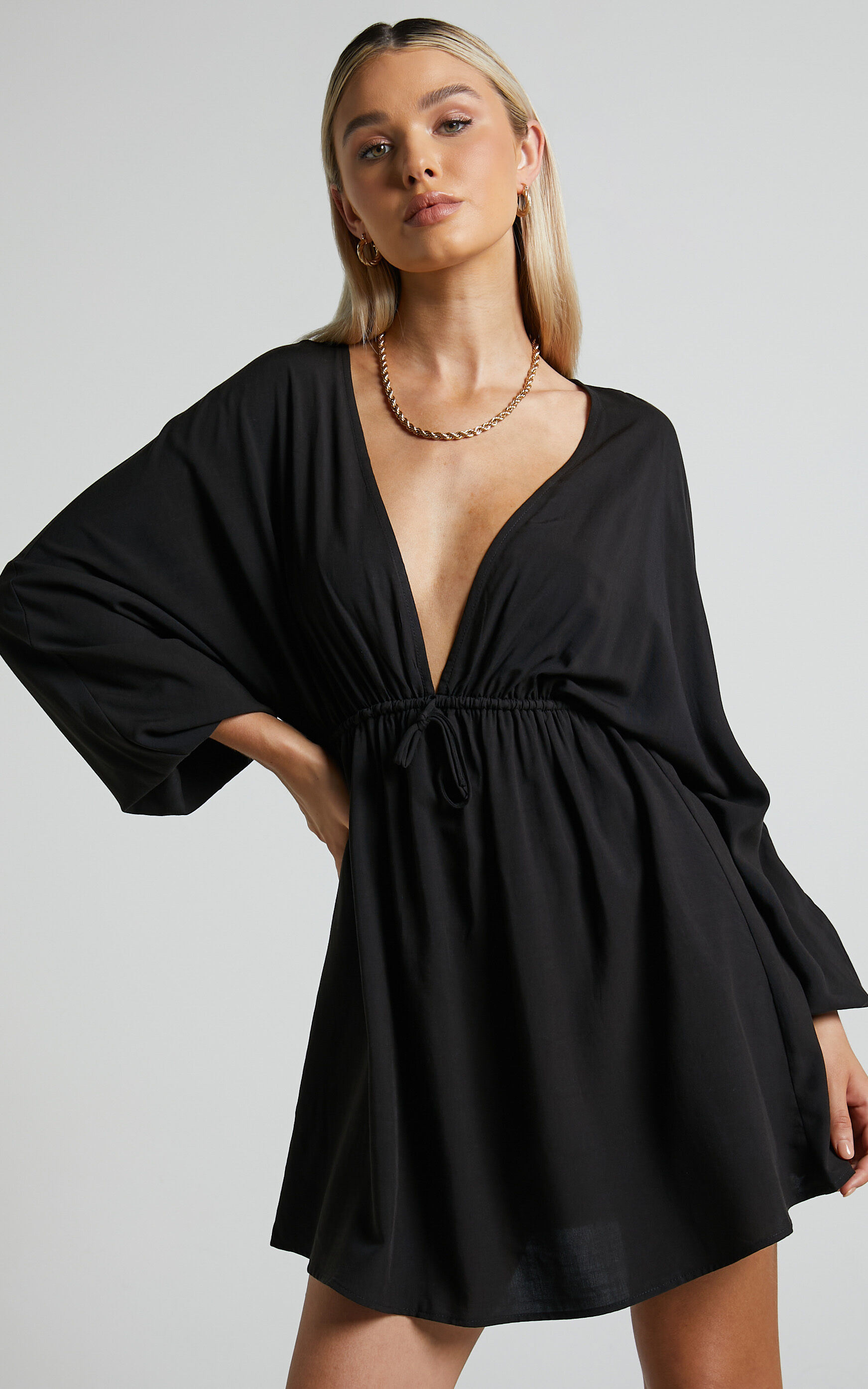 Tyrica V Neck Tie Waist Long Sleeve Mini Dress in Black - 04, BLK1, super-hi-res image number null