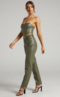 Dilyenne High Waist Straight Leg Faux Leather Pants in Olive