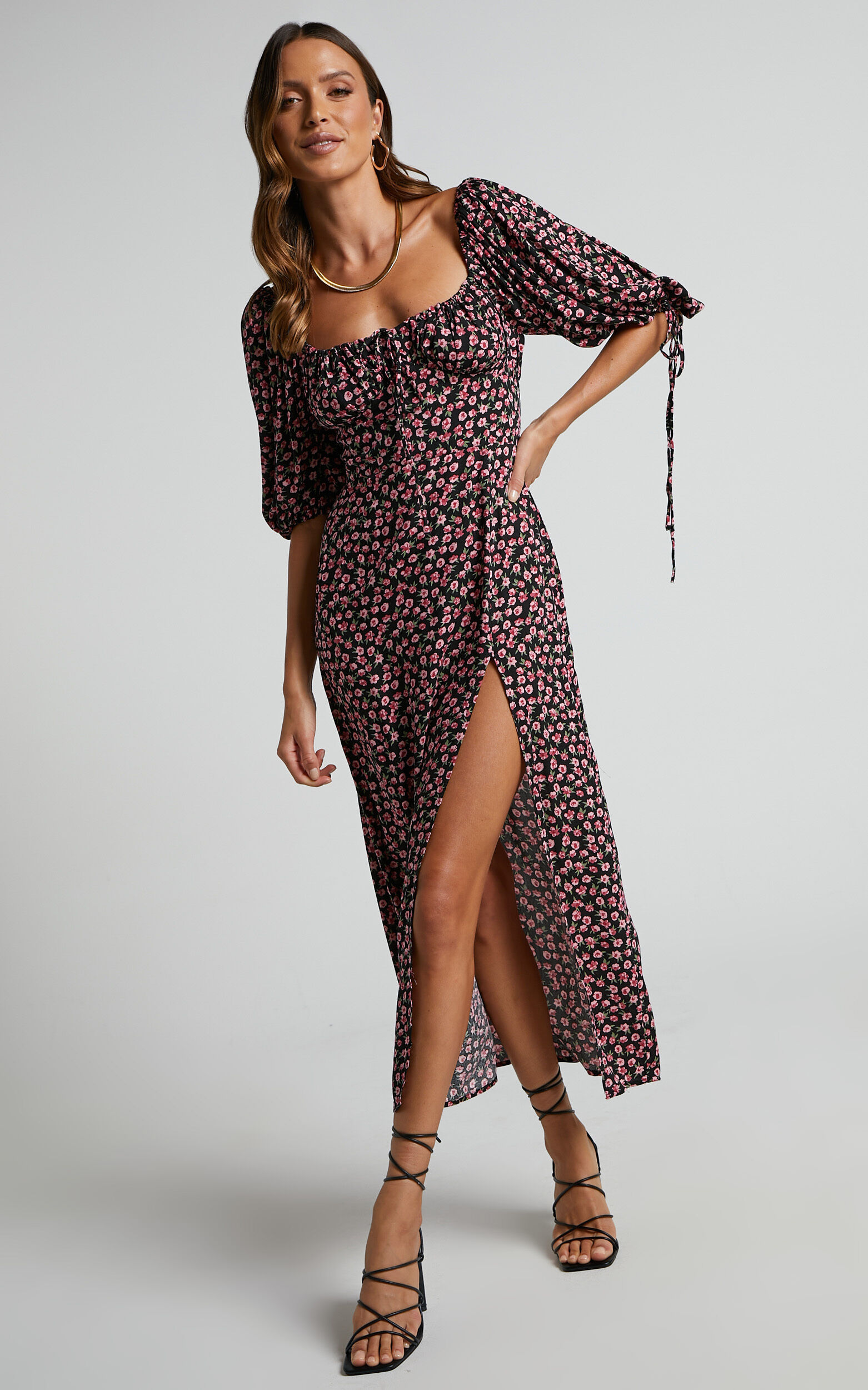 Rosario Midi Dress - Ruched Bust Puff Sleeve Dress in Black Floral - 04, BLK1, super-hi-res image number null