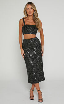 Falka Two Piece Set - Strapless High Waisted Midi Skirt Sequin Two Piece Set in Black